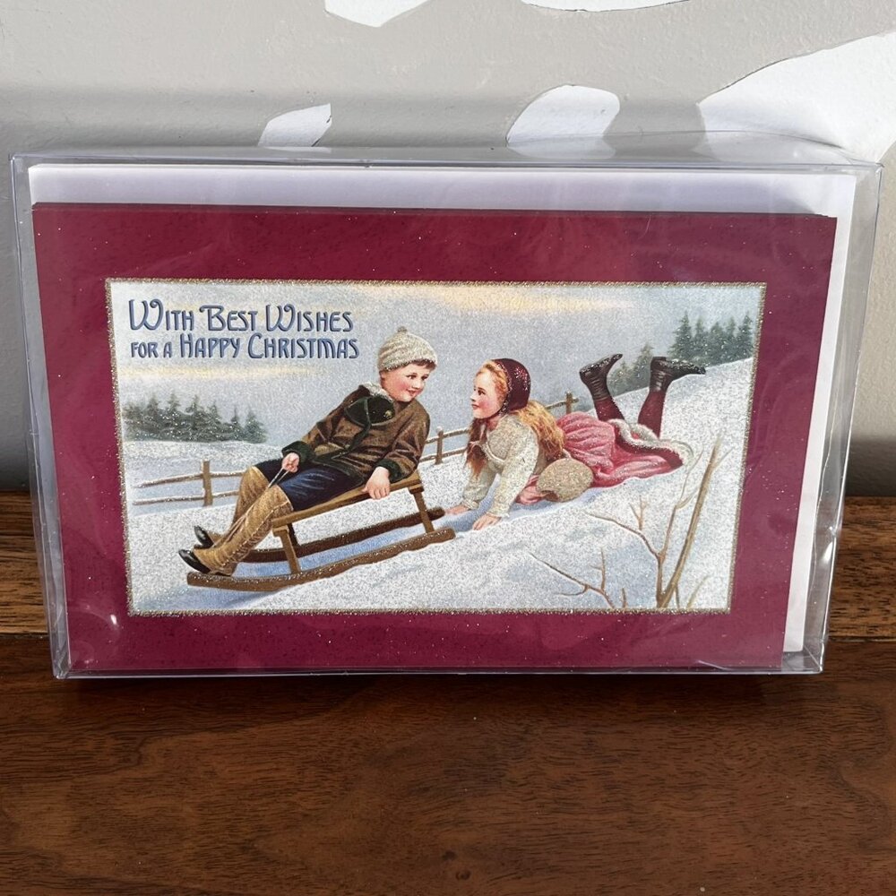 Sealed Box Merck Family's Old World Christmas Greeting Cards 2006 Sledding Kids
